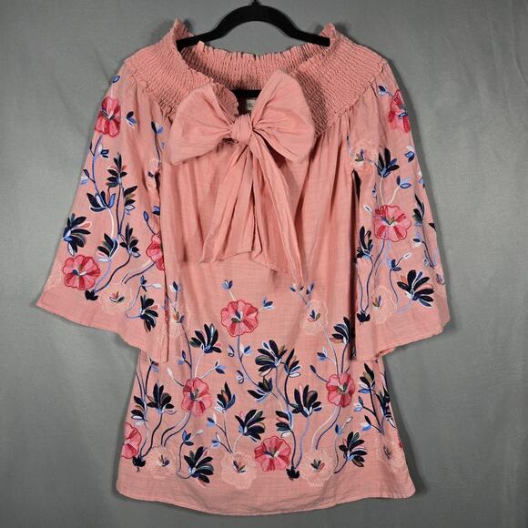 Velzera Tops - Velzera Embroidered Peasant Top Womens Small Pink Floral Smocked Bow Cotton